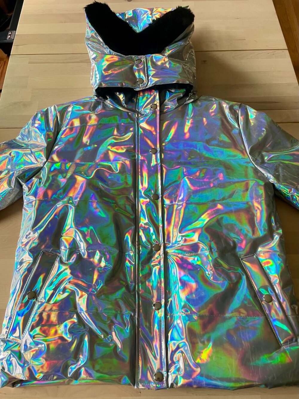 Dolls Kill Club EXX Women's Iridescent Puffer Jacket w/ Horned Hood size SM NWOT - Picture 5 of 13